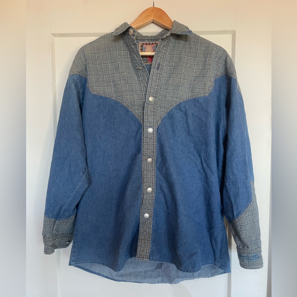 Vintage Western Men’s medium Blue and Gray Button-Up Shirt